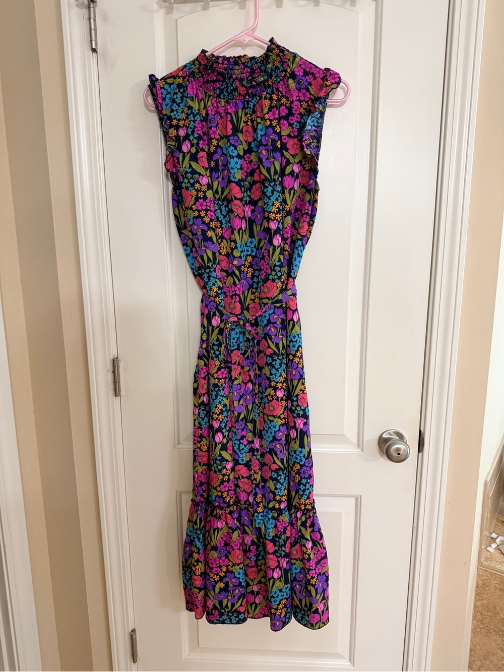 Smocked Neck Floral Maxi Dress in Black with Multicolor Blooms